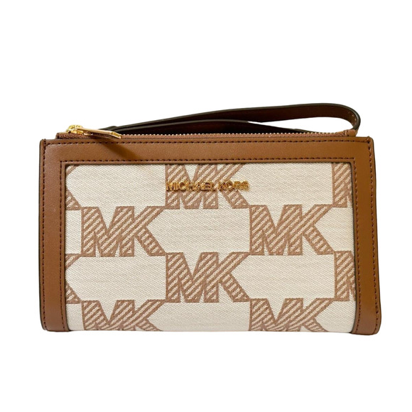 Michael Kors Jacquard Jet Set Double Zip Wristlet Wallet Luggage/Brown $258 Nwt - Picture 1 of 9